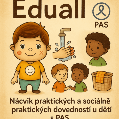 Ilustrace postavičky Edačka z Eduall mezi symboly nácviku sociálních a praktických dovedností u dětí s PAS.