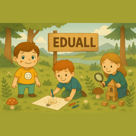 „Barevná ilustrace skupiny dětí ve třídě při experimentálním učení, s postavičkou Edáčka a nápisem Eduall, inspirovaná skandinávskými školami.“