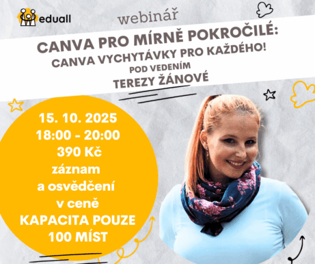 Webinář Canva pro mírně pokročilé s Mgr. Terezou Žánovou – tipy, triky a vychytávky pro efektivní práci v Canvě. 15. října 2025 od 18:00 do 20:00 hodin.