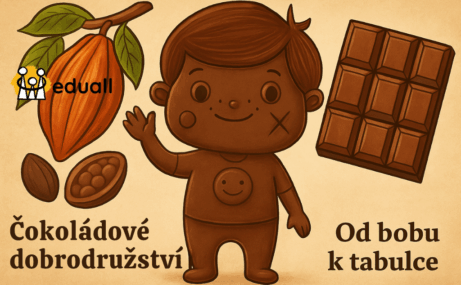„Ilustrace Edáčka z Eduall jako čokoládová figurka s kakaovým bobem a tabulkou čokolády – Čokoládové dobrodružství: Od bobu k tabulce.“