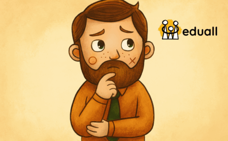 Ilustrace Edáčka jako učitele zamyšleného nad psychohygienou, digitální kresba v kresleném stylu.