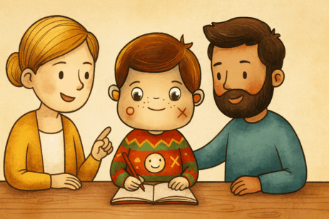 Ilustrace Edáčka při speciálně pedagogické péči – dítě pracuje v sešitu za podpory dvou dospělých v učebně.