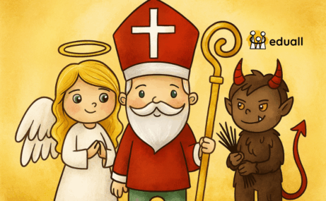 Ilustrace postavičky Edáčka převlečeného za Mikuláše s čertem a andělem, veselá vánoční scéna pro článek o vánočních besídkách.