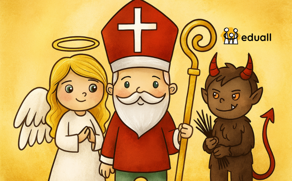 Ilustrace postavičky Edáčka převlečeného za Mikuláše s čertem a andělem, veselá vánoční scéna pro článek o vánočních besídkách.