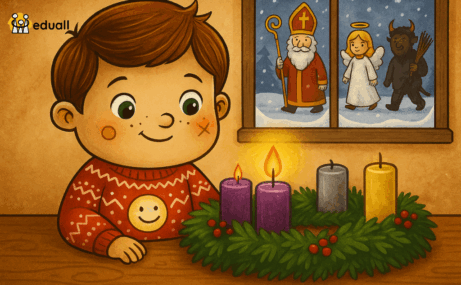 Ilustrace dítěte Edáčka v adventním svetru, jak sedí u adventního věnce se čtyřmi svíčkami a za oknem procházejí Mikuláš, anděl a čert ve sněhu.