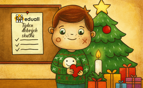 Ilustrace Edáčka v tričku se smajlíkem, který ve třídě během Týdne dobrých skutků drží srdíčko. Vedle něj stojí vánoční stromeček s dárky a zapálená svíčka.