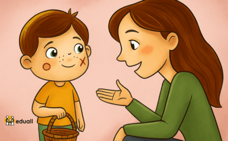 Ilustrace chlapce Edáčka, který sedí naproti empatické dospělé osobě v klidném a útulném prostředí. Dospělá osoba s ním citlivě mluví a podporuje ho v procesu adaptace při přechodu do pěstounské rodiny.